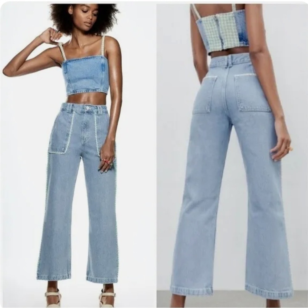 Zara, High Rise Tweed Trim Jewel Button Crop Wide Leg Light Wash Jeans, 26